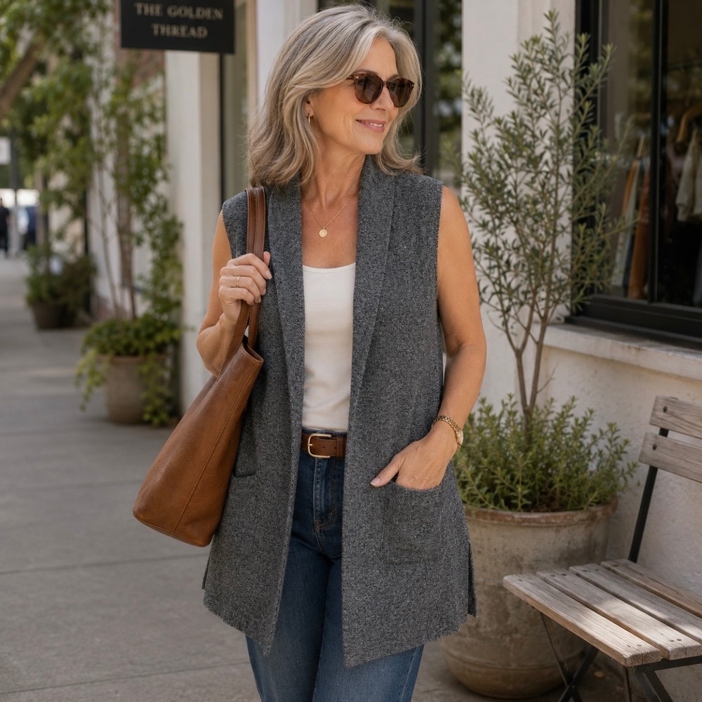 Talbots Longline Sweater Cardigan Vest M P Grey Marled Cotton Open Front Pockets